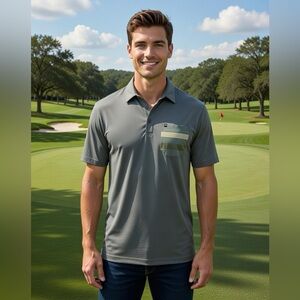 Travis Mathew Blue Polo Shirt with Green Striped Pocket Size L